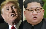 Combinaison de photos, Donald Trump à gauche le 28 avril 2018 dans le Michigan et Kim Jong Un à gauche, photo officielle publiée par l'agence de presse nord-coréenne KCNA  le 21 avril 2018.  