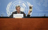 Le chef du HCR, Filippo Grandi lors d'une conférence de presse sur le rapport annuel du HCR, le 16 juin 2020 à Genève