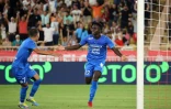 La joie de l'attaquant sénégalais de Marseille, Ahmadou Bamba Dieng, après avoir ouvert le score face à Monaco, lors de la 5e journée de Ligue 1, le 11 septembre 2021 au Stade Louis II </p>