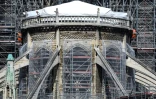 Des ouvriers sur le chantier de restauration de Notre-Dame gravement endommagée par un incendie, le 7 mai 2019 à Paris