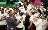 Le Miami Heat célèbre sa qualification pour la finale de la NBA, le 30 mai 2023 à Boston