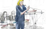 Croquis d'audience, du 20 janvier 2026, montrant Marine Le Pen, présidente du groupe parlementaire du Rassemblement National (RN), lors de son procès en appel pour détournement de fonds publics européens au palais de justice de Paris