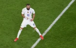 Karim Benzema vient de réduire le score pour l'équipe de France  contre la Belgique en Ligue des Nations à Turin, le 7 octobre 2021 