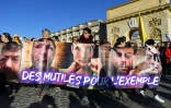 Des personnes manifestent à Montpellier le 12 janvier 2020 contre les mutilations infligées par des tirs de LBD lors des manifestations des "gilets jaunes"