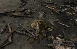 Des armes et des uniformes militaires  abandonnés et brûlés sur le sol à Goma, le 28 janvier 2025 en RDC