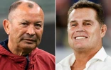 Eddie Jones (g) et Rassie Erasmus, sélectionneurs des équipes d'Angleterre et d'Afrique du Sud, qui doivent s'affronter en finale du Mondial à Yokohama le 2 novembre 2019