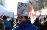 Un manifestant coiffé d'un chapeau portant l'inscription "Liberté" lors d'un rassemblement contre les restrictions liées au Covid-19 à Ottawa, au Canada, le 5 février 2022