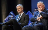 Le président des Républicains (LR) Laurent Wauquiez (G) et le président du sénat Gérard Larcher, le 15 mai 2019 à Paris