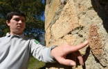Pierre Poupart, conservateur de la réserve naturelle "Rochechouart-Chassenon" montre la trace d'un impact de météorite, le 17 octobre 2017 à Rochechouart, en Haute-Vienne