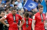 Les joueurs de Toulouse abattus à l'issue de leur défaite en demi-finale de Coupe d'Europe devant le  Leinster à Dublin, le 14 mai 2022 