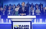 Le président du parti d'extrême droite flamand Vlaams Belang Tom Van Grieken lors d'un meeting de sa formation, le 2 juin 2024 à Anvers