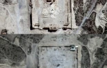 Images satellite fournies le 31 août 2015 par l'ONU montrant (en haut) le temple de Bêl à Palmyre, en Syrie, et (en bas), les ruines du temple détruit par le groupe Etat islamique