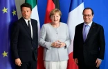 Le président François Hollande, la chancelière allemande Angela Merkel et le premier ministre italien Matteo Renzi après une conférence de presse à Berlin, le 27 juin 2016