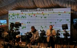 Des journalistes patientent devant le tableau des résultats des élections à la Commission électorale du Pakistan le 9 février 2024 à Islamabad