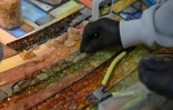 Une employée du groupe Amber Galbine travaillant l'ambre pour en faire des bijoux et des souvenirs à vendre, dans la région ukrainienne de Rivné, le 10 mai 2026