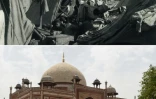 Photographie fournie par les autorités indiennes, montrant un campement érigé derrière les murs du tombeau de Humayun, à New Delhi, pour des réfugiés musulmans au moment de la partition de l'Inde en 1947/1948, et le même site, le 13 juin 2017