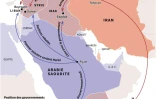 Carte du Moyen-Orient indiquant les alliés de l'Arabie saoudite contre l'Iran et les zones d'influence des deux rivaux