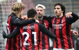 Le milieu de terrain espagnol de l'AC Milan, Brahim Diaz, félicité par ses coéquipiers après son but contre le Celtic Glasgow, le 3 décembre 2020 au stade San Siro