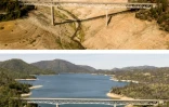 Le pont Enterprise sur le lac Oroville, en Californie, le 5 septembre 2021 (en haut) et le 16 avril 2023 (en bas)