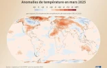 Carte du monde montrant les anomalies de température à la surface du globe enregistrées en mars 2025 par rapport à la moyenne des températures entre 1991 et 2020, d'après les données de Copernicus