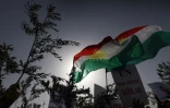 Des Kurdes syriens brandissent des branches d'olivier lors d'une manifestation devant un bâtiment des Nations unies à Erbil, capital de la région autonome du Kurdistan irakien, le 23 janvier 2018