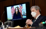 La colistière de Joe Biden, Kamala Harris, s'adresse par lien vidéo à la commission judiciaire du Sénat réunie à Washington le 12 octobre 2020