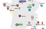 Carte de France des clubs de L1 pour la saison 2022/23, promus et qualifiés pour les Coupes d'Europe