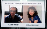 Portraits des journalistes Ghislaine Dupont et Claude Verlon affichés au siège de RFI le 5 novembre 2013 trois jours après leur assassinat le 2 au Mali