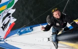 Le navigateur français Arnaud Boissières, à bord de son monocoque "La Mie Câline Artisans Artipole", le 30 octobre 2018 à Saint-Malo 