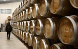 Des fûts de cognac dans une cave à Jarnac-Champagne, le 20 mars 2025, alors que les spiritueux font partie des secteurs au coeur des négociations commerciales entre l'UE et les Etats-Unis