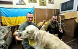 Un soldat ukrainien revenu du front joue avec un chien à Kiev le 13 février 2020 dans l'enceinte de l'hôpital pour traiter son stress post traumatique