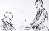 Croquis d'audience, réalisé par Anne Gyrite Schuett, du Danois Peter Madsen (g), accusé du meurtre de la journaliste suédoise Kim Wall, et du procureur Jakob Buch-Jepsen (debout, le 8 mars 2018 au tribunal de Copenhague 