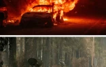 Cette juxtaposition de deux photos montre une voiture en train d'exploser sous l'effet des flammes du Dixie Fire le 24 juillet 2021 (haut), puis sa carcasse calcinée  le 7 août 2021 (bas)