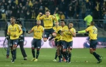 La joie des Sochaliens après leur victoire contre l'OM en Coupe de la Ligue, le 13 décembre 2016 au stade Bonal