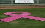 Un ruban rose, symbole de la lutte contre le cancer du sein, constitué de 8.000 ballons de football lors d'un événement pour sensibiliser aux risques de ce cancer féminin, à Beyrouth le 8 octobre 2017