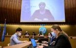 La Haute-Commissaire de l'ONU aux droits de l'homme, Michelle Bachelet, prononce son discours Ă distance lors de l’ouverture d'une rĂ©union extraordinaire du Conseil des droits de l'homme de l'ONU, le 27 mai 2021