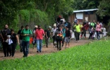 Des migrants traversnt le village frontalier d'El Porvenir, au Nicaragua, avant d'atteindre Trojes, au Honduras, le 10 juin 2022