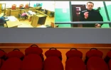 L'opposant russe Alexeï Navalny témoigne via un lien vidéo lors d'une audience préliminaire dans le cadre d'un procès pour "extrémisme" dans un tribunal de Moscou, le 22 juin 2023