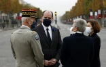 De gauche à droite le général François Lecointre, le Premier ministre Jean Castex, les ministres Geneviève Darrieussecq et Florence Parly, à l'Arc de triomphe le 11 novembre 2020