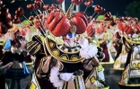 Un danseur de l'école de samba "Imperio Serrano" défile sur le sambodrome lors de la première nuit du Carnaval de Rio, le 3 mars 2019 au Brésil