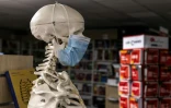 Un squelette portant un masque dans la librairie Les Volcans à Clermont-Ferrand le 16 novembre 2020