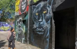 L'artiste Moises Frank passe devant un graffiti en hommage au mouvement américain des Black Panthers, le 12 juin 2020 à Graffiti Alley, à Toronto