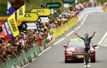 Jai Hindley à l'arrivée de la 5e étape du Tour de France, le 5 juillet 2023 à Laruns: l'Australien de la Bora-Hansgrohe a fait coup double, remportant l'étape et s'installant en tête du classement général