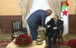 Le président Abdelaziz Bouteflika (d) serre la main de son nouveau Premier ministre, Nourredine Bedoui, sur des images diffusées le 11 mars 2019 par la télévision Canal Algérie
