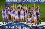 Les Exeter Chiefs fêtent leur titre de champions d'Europe, à Bristol, le 17 octobre 2020
