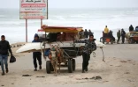 Des Palestiniens fuient avec leurs biens le nord de la bande de Gaza vers le sud, via la route de Salaheddine, près du camp de réfugiés de Nousseirat, le 20 mars 2025