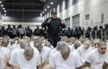 Photo diffusée le 16 mars 2025 par le service de presse de la présidence du Salvador montrant l'arrivée de membres présumés du gang vénézuélien Tren de Aragua au Centre d'Internement pour le Terrorisme (Cecot) à Tecoluca, au Salvador
