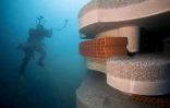 Des plongeurs déposent des récifs artificiels "hôtel à poissons" d'une dizaine de tonnes à 30 mètre de profondeur dans les eaux usées au large des calanques de Marseille, le 30 janvier 2018