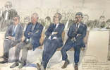 De g. à d.: Nicolas Sarkozy, Eric Woerth, Brice Hortefeux et Claude Guéant, le 6 janvier 2025 lors du procès concernant le financement de la campagne présidentielle de 2007 de M. Sarkozy