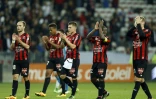La satisfaction des joueurs de Nice après leur succès face à Reims, à l'Allianz Riviera, le 22 avril 2016